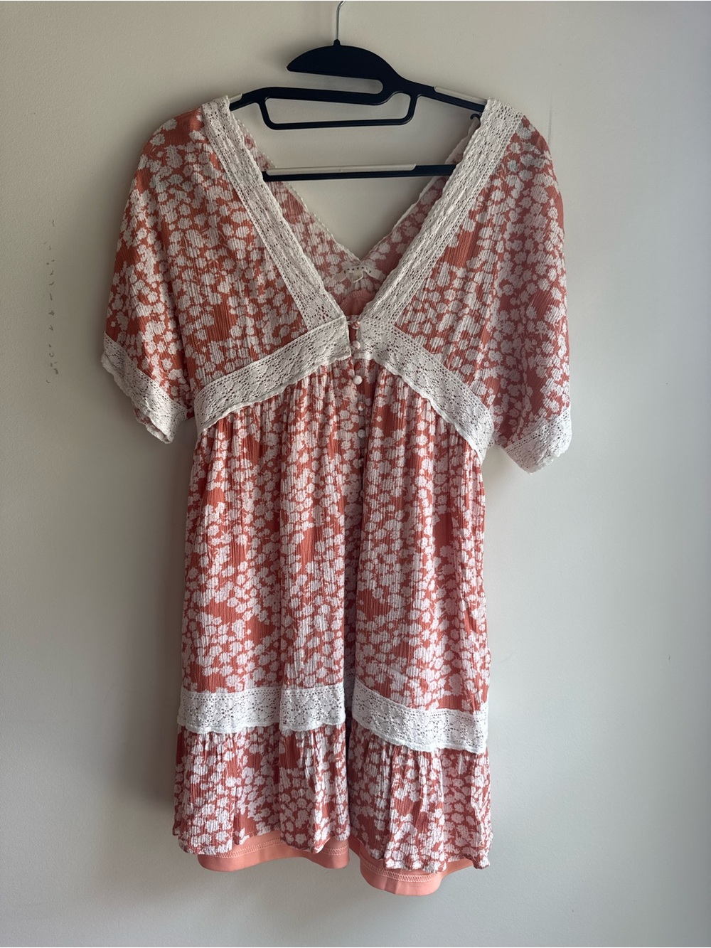 Coral Floral Lace Trim Babydoll Dress